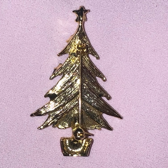 Vintage Christmas Tree Holiday Gold Tone Rhinestone Brooch - Picture 5 of 6